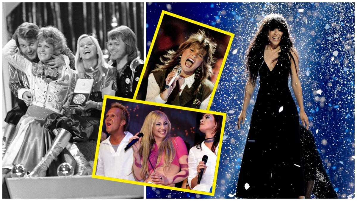 Abba efter Eurovision-vinsten 1974, Charlotte Nilsson vid Eurovision 1999, Carola Häggkvist under Eurovision 1991 och Loreen vid Eurovision Song Contest 2012.