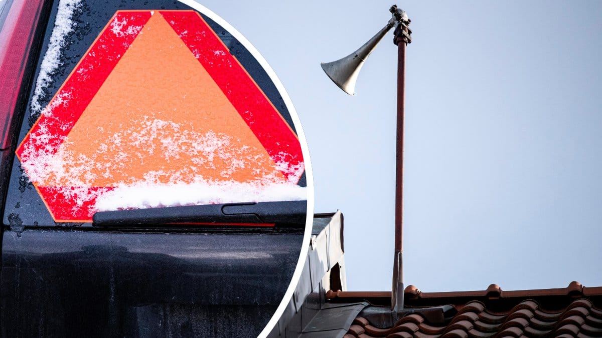 Hesa Fredrik tyfon på ett hustak höger. En A-traktor med en signaltriangel vänster.