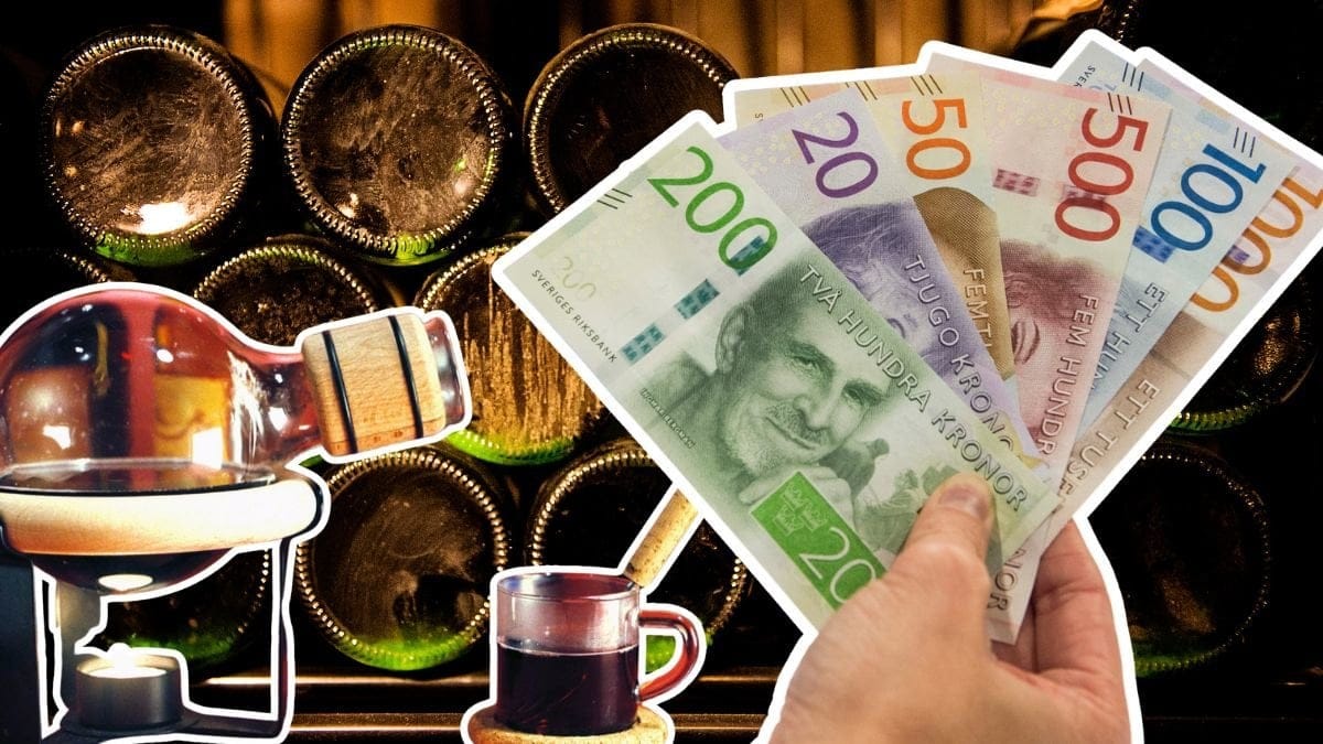 Tomflaskor, glögg och pengar i en hand.