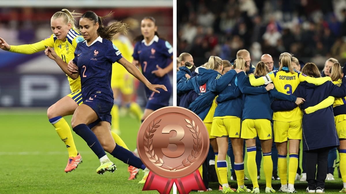 Bild på svenska och franska fotbolsspelare brevid bild på sveriges fotbollslandslag