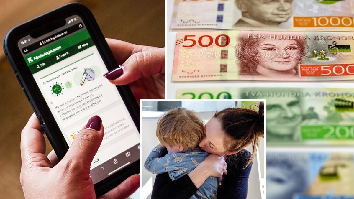 Gravid kvinna söker information på Försäkringskassans hemsida med sin mobiltelefon och sedlar.