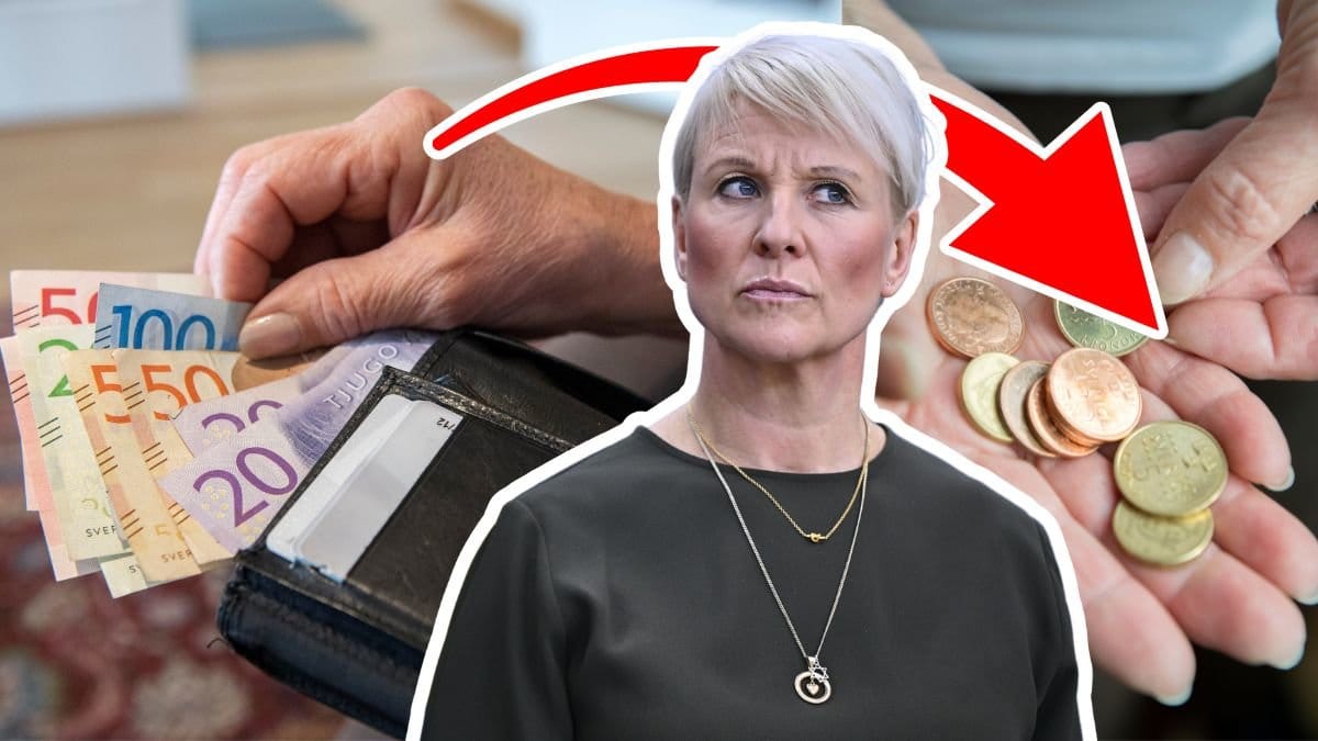 Pengar i en plånbok, mynt i en hand, Anna Tenje och en röd pil.