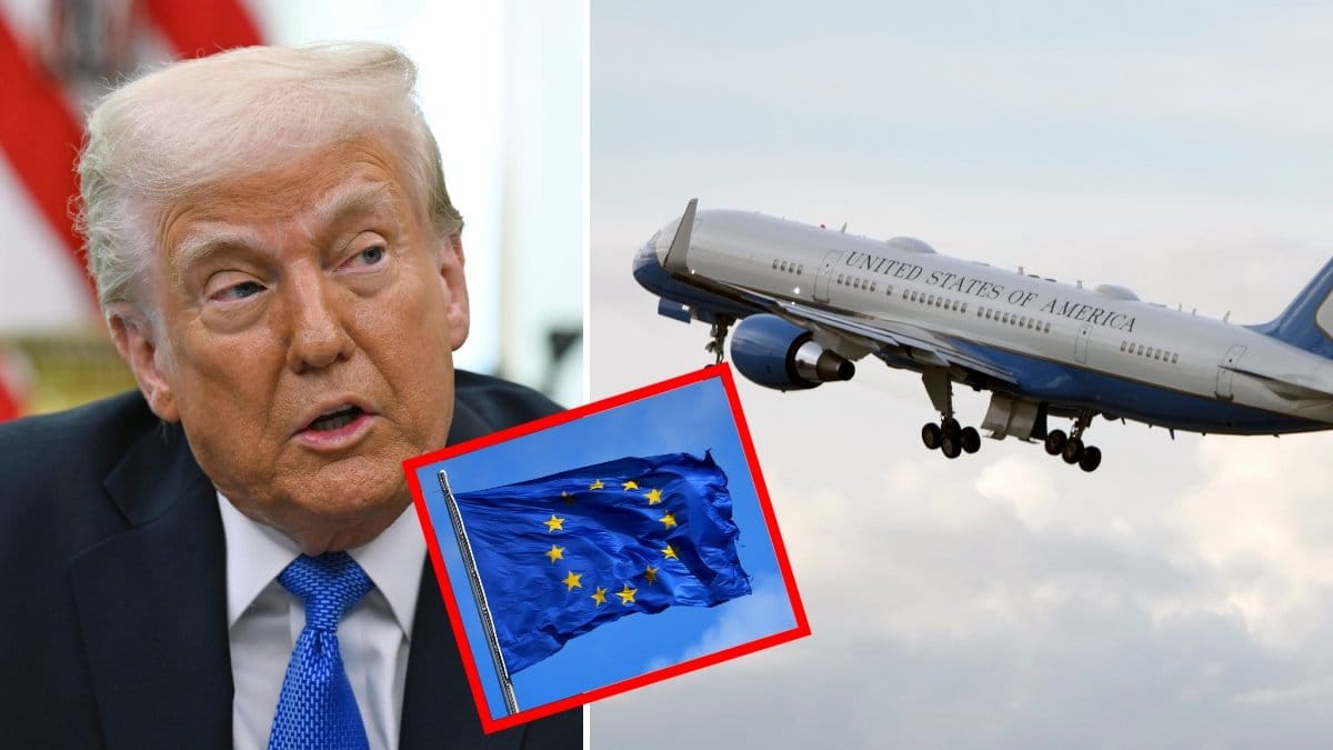 USA:s president Donald Trump, EU-flaggan och ett flygplan