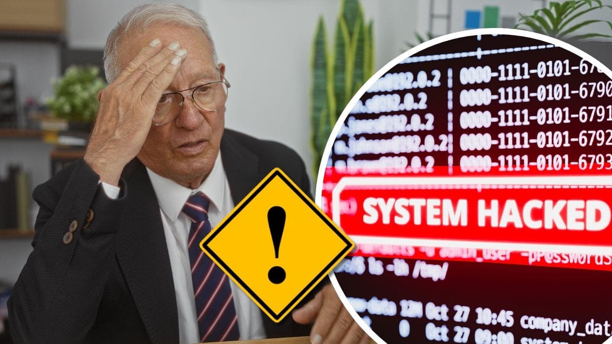 Man som ser orolig ut och håller sig för pannan och en skärm med texten System hacked