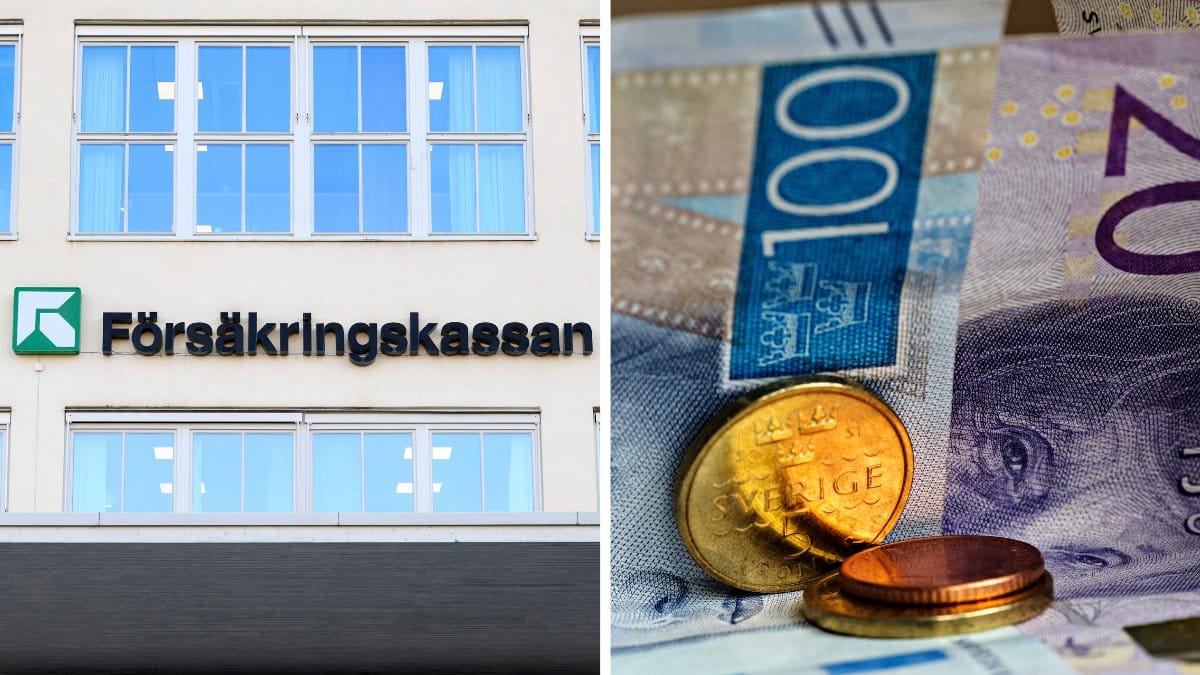 Försäkringskassan-skylt vänster. Svenska kontanter och mynt höger.