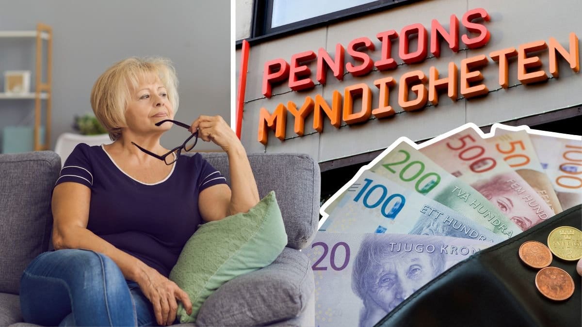 Kvinna tänker i en soffa, pensionsmyndighetens logga på en fasad och pengar i en plånbok.