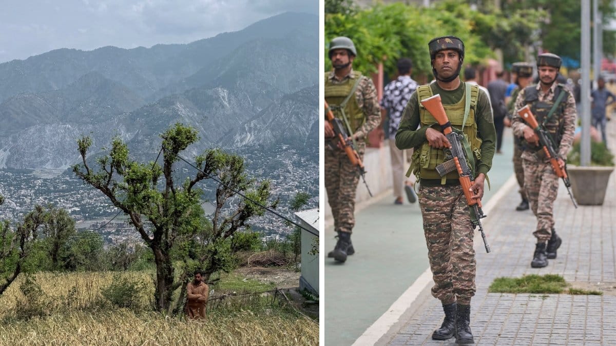 Bilden till vänster visar ett område i Kashmir kontrollerat av Pakistan. Bilden till höger visar soldater i det Indienkontrollerade området i Kashmir. 