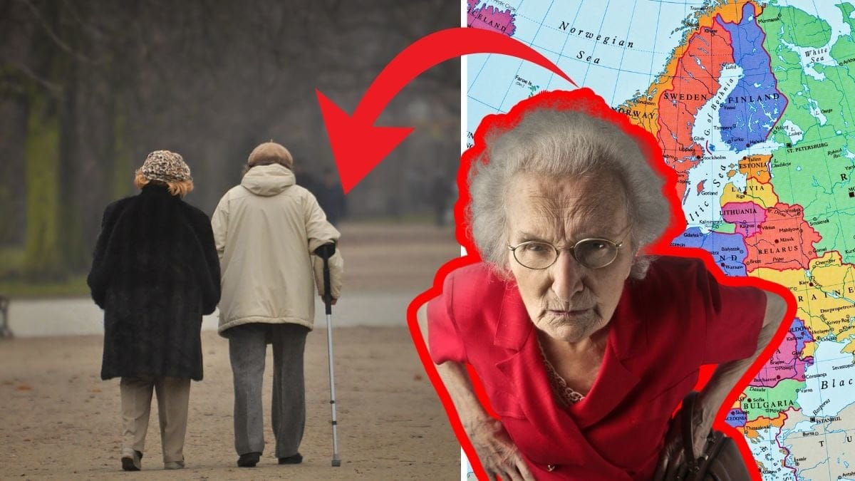 Två äldre personer går på en gata, bild atgen bakifrån till vänster. En världskarta till höger. En utklippt, arg, äldre dam i mitten. En röd pil pekar från kartan till det äldre paret.