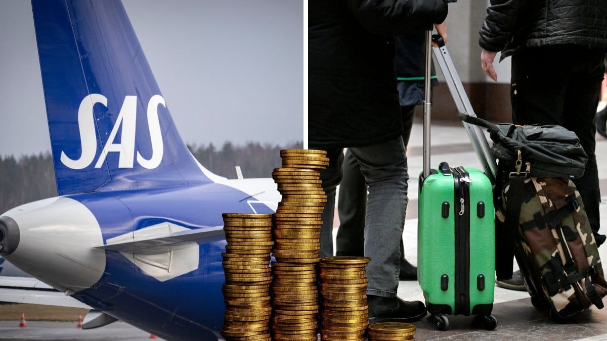 Bilden till vänster visar ett SAS-flygplan. Bilden till höger visar en resenär med två resväskor.