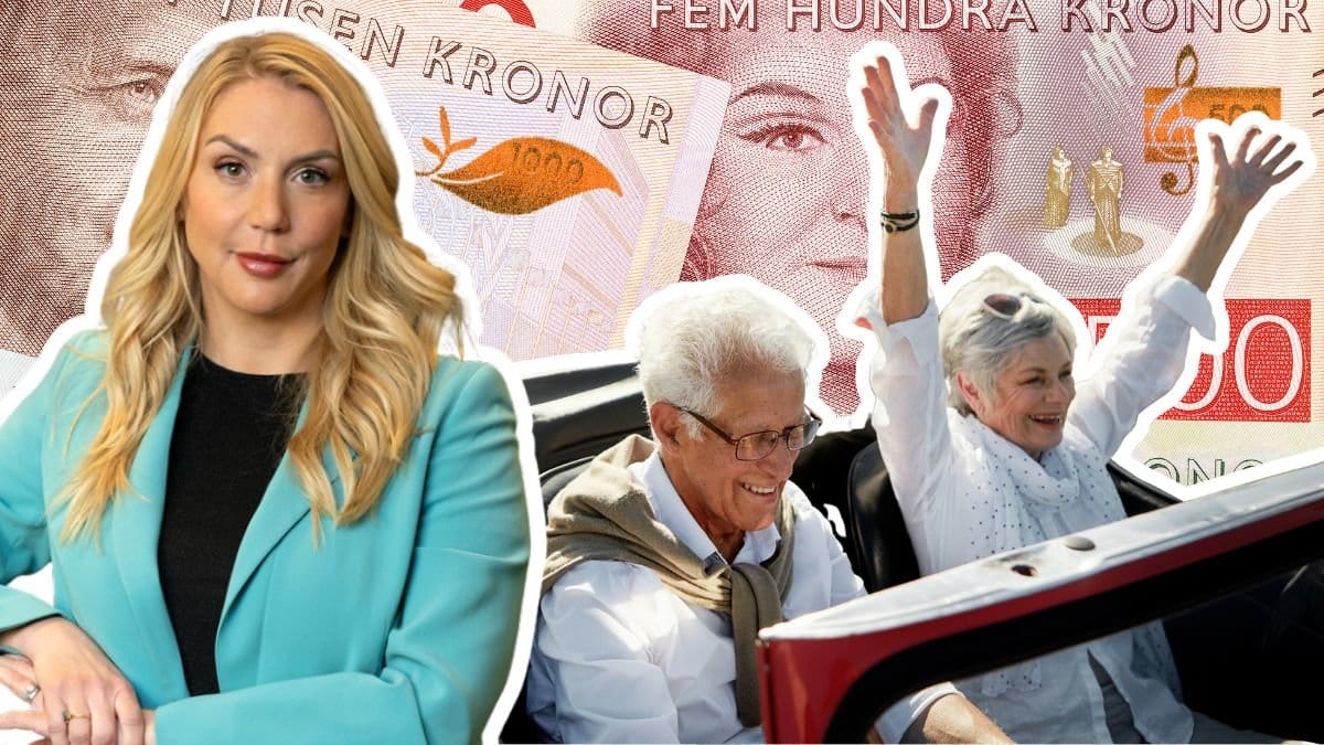 Frida Bratt, glada pensionärer i en nercabbad bil och svenska sedlar