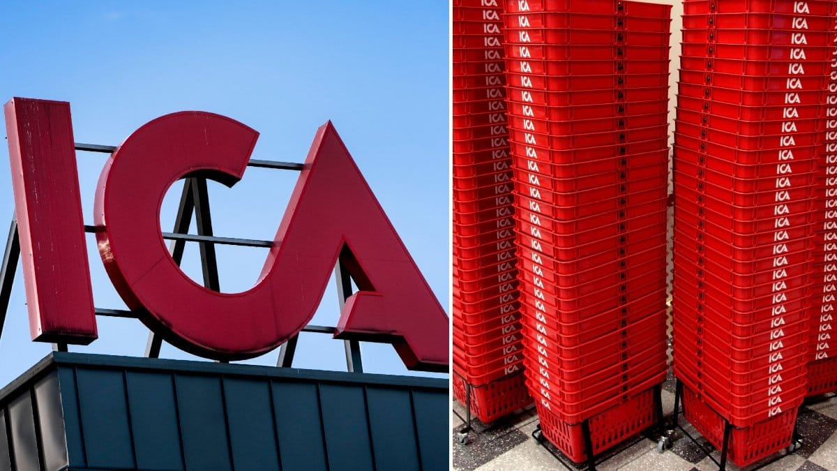 Icas logga och Icas röda kundkorgar.
