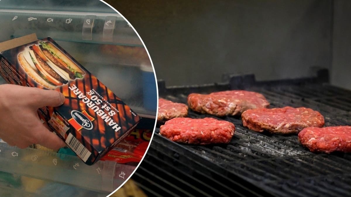 Bilder på hamburgerbiffar och frysta biffar.