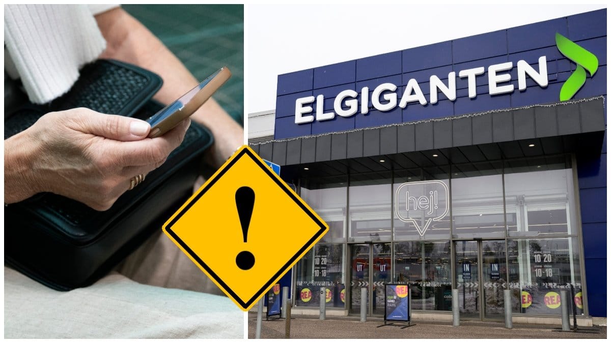 Mobiltelefon i handen på en kvinna och entrén till en Elgiganten-butik