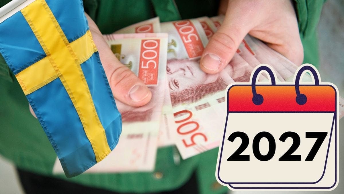 Svenska flaggan och en person som. håller i flera femhundralappar.