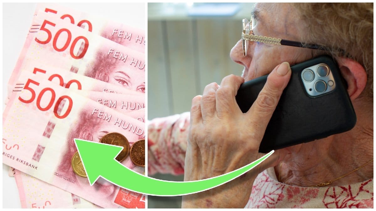 Svenska sedlar och mynt och en äldre kvinna som pratar i mobiltelefon