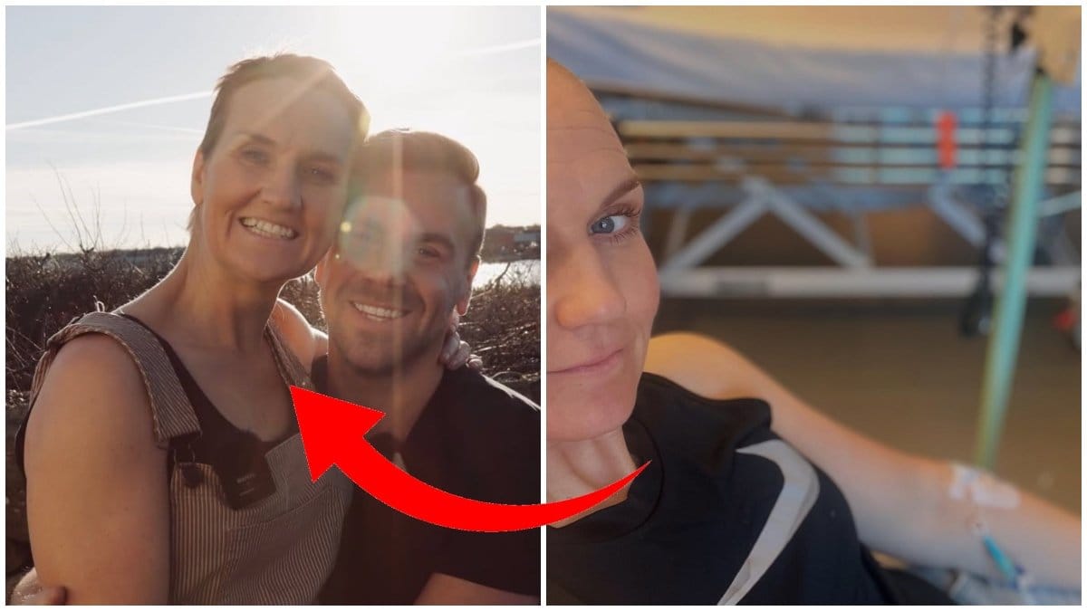 Ida Wilson och brorn Robin Andersson kramar om varandra och ler mot kameran. Jämte syns en bild där Ida är på sjukhuset till följd av sin cancer.