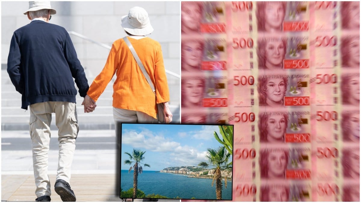 Pensionärspar, pengar och bild på havet med palmer.