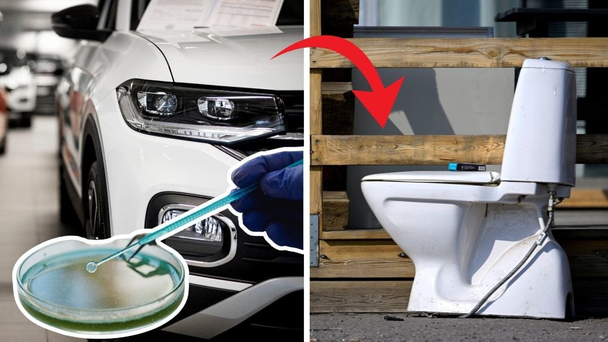 Bil till vänster, en utklippt bakterieplatta till vänster. En toalett till höger. en röd pil pekar från bilen till toaletten.