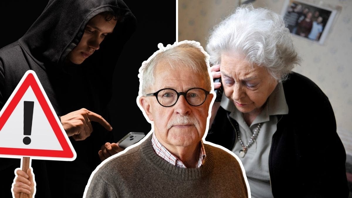 Bedragare, äldre kvinna som pratar i telefon, Sverker Olofsson och varningstriangel.