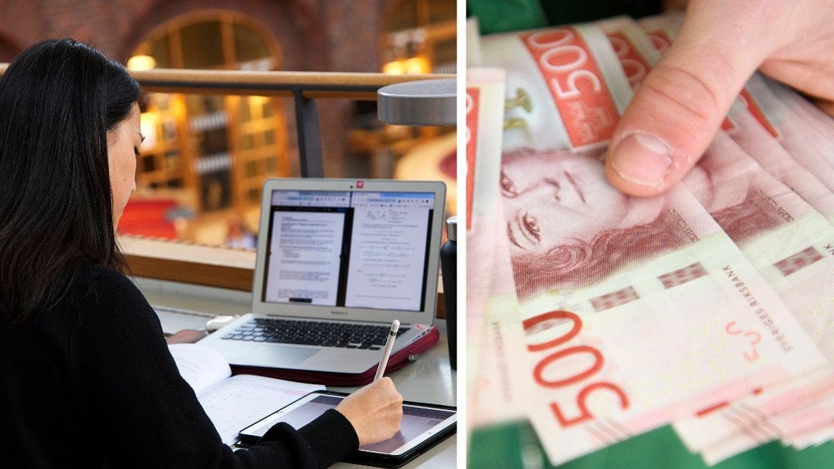 Tje som pluggar på sin dator vänster. Hand som håller flera 500-lappar höger.