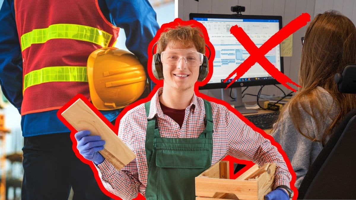 Person med reflexväst och hjälm vänster. PErson i kontorstol vid en dator, höger. Man utklippt i mitten, snickare. Rött X till höger.