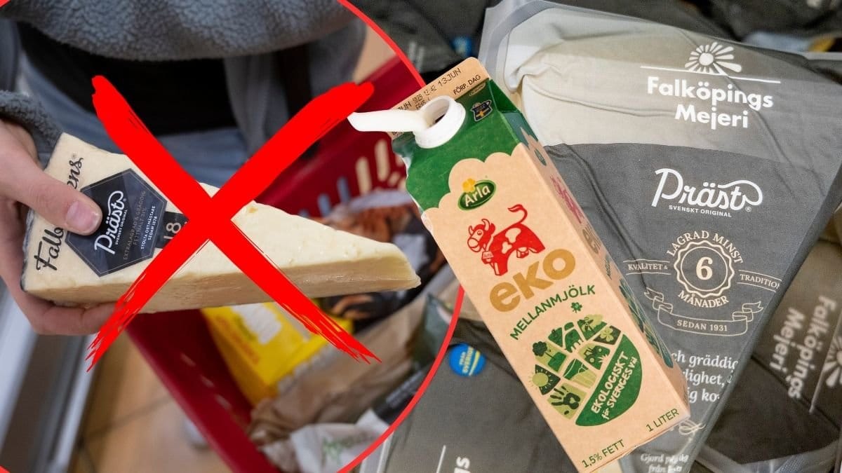 Två sorters prästost och en mjölkkartong.