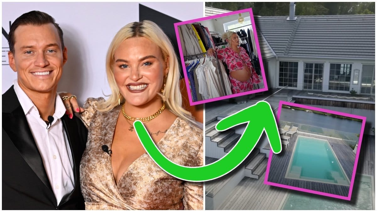 Lisa och Henrik Borg på röda mattan och bilder på deras hus med pool
