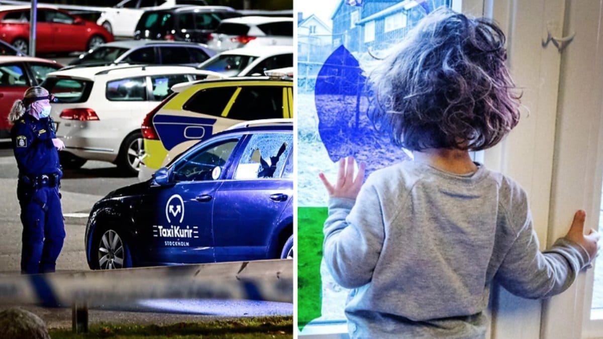 Polis vid avspärrning i stadsdelen Saltskog i Södertälje på fredagskvällen efter larm om en skottlossning.