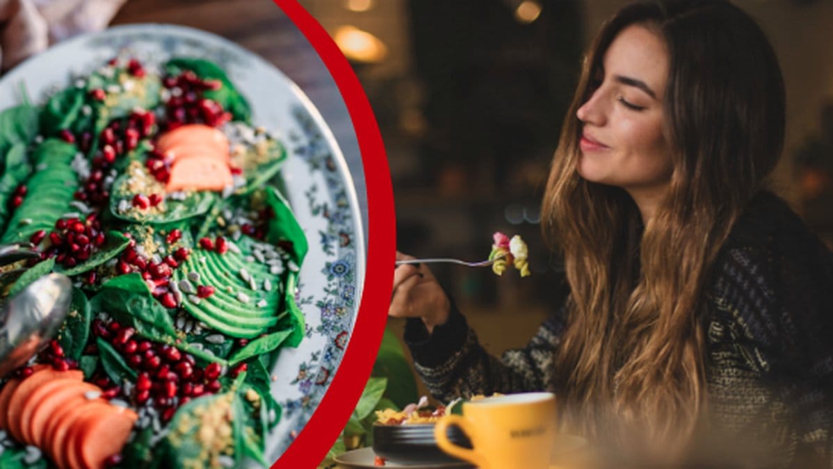 sallad och kvinna som äter