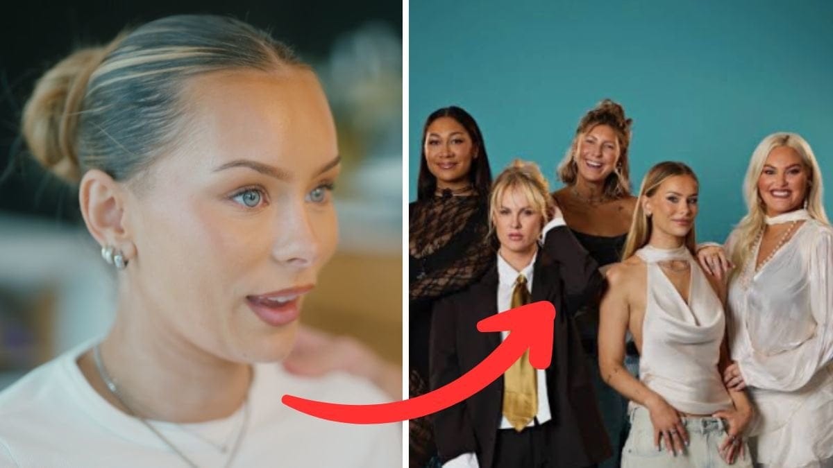 Närbild Filippa Toremo vänster. Pressbild alla deltagarna i Mammor höger. En röd pil pekar från Filippa till pressbilden.