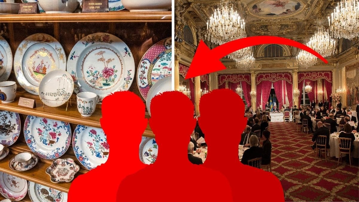 Porslin på en hylla vänster. Elyssépalatset till höger. Tre manliga siluetter, röda, i mitten.