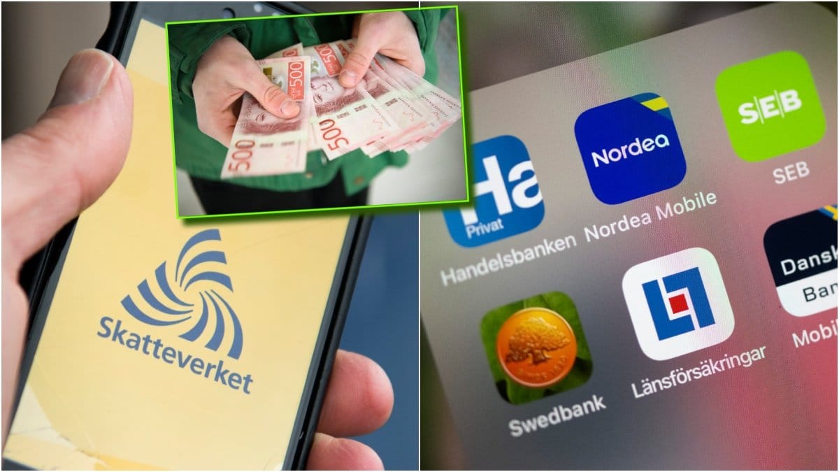 Skatteverkets app, bankappar och sedlar.