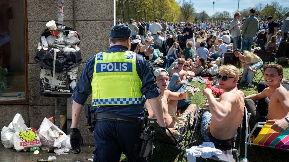 Papperskorg och människor som dricker.