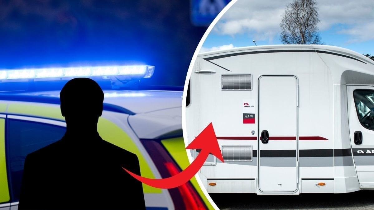 Blåljus till vänster, svart siluett man vänster. Husbil höger. 