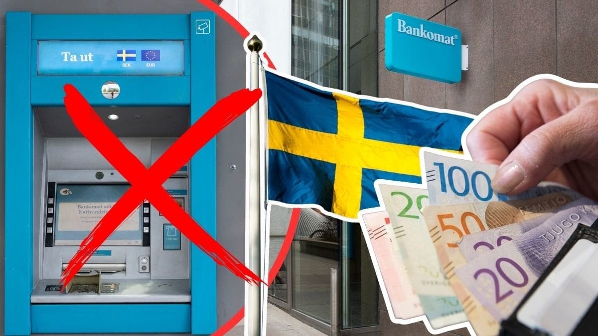 Bankomat, plånbok med kontanter, svensk flagga