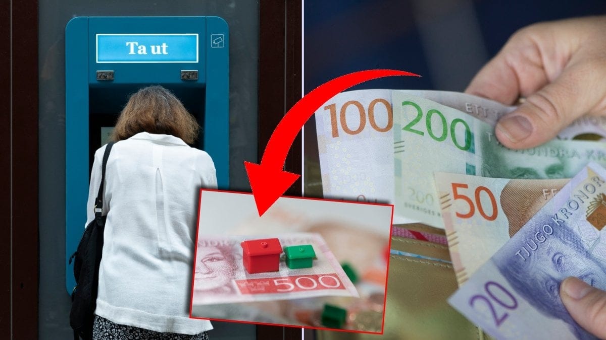Kvinna vid bankomat och sedlar.