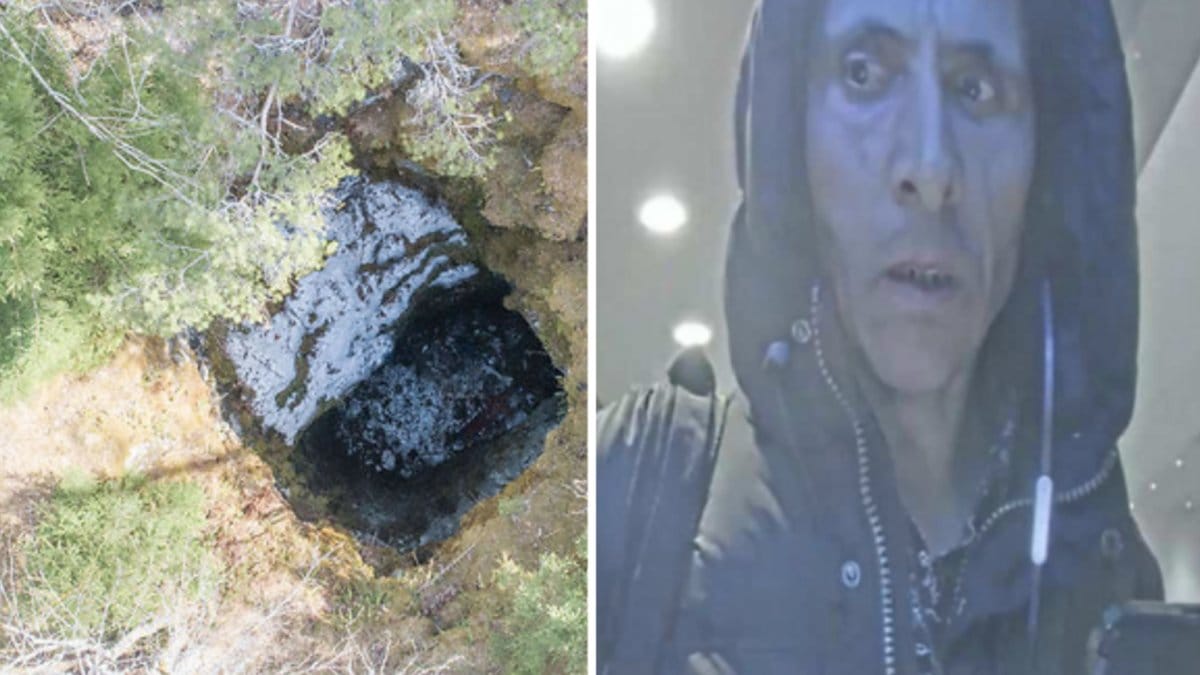 Flygfoto över gruvhålet i Norberg, där den unga kvinnan hittades skadad i april 2022.