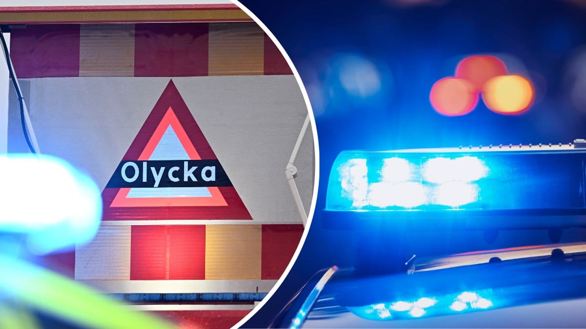 Olycka-skylt vänster. Blåljus polisbil höger.