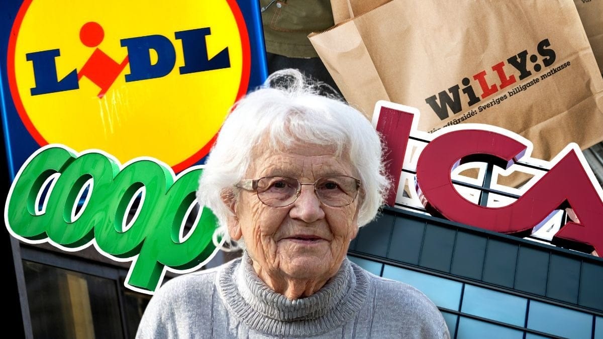 Lidl-skylt, Coops logga, Willys-påse, Ica-skylt och en äldre kvinna