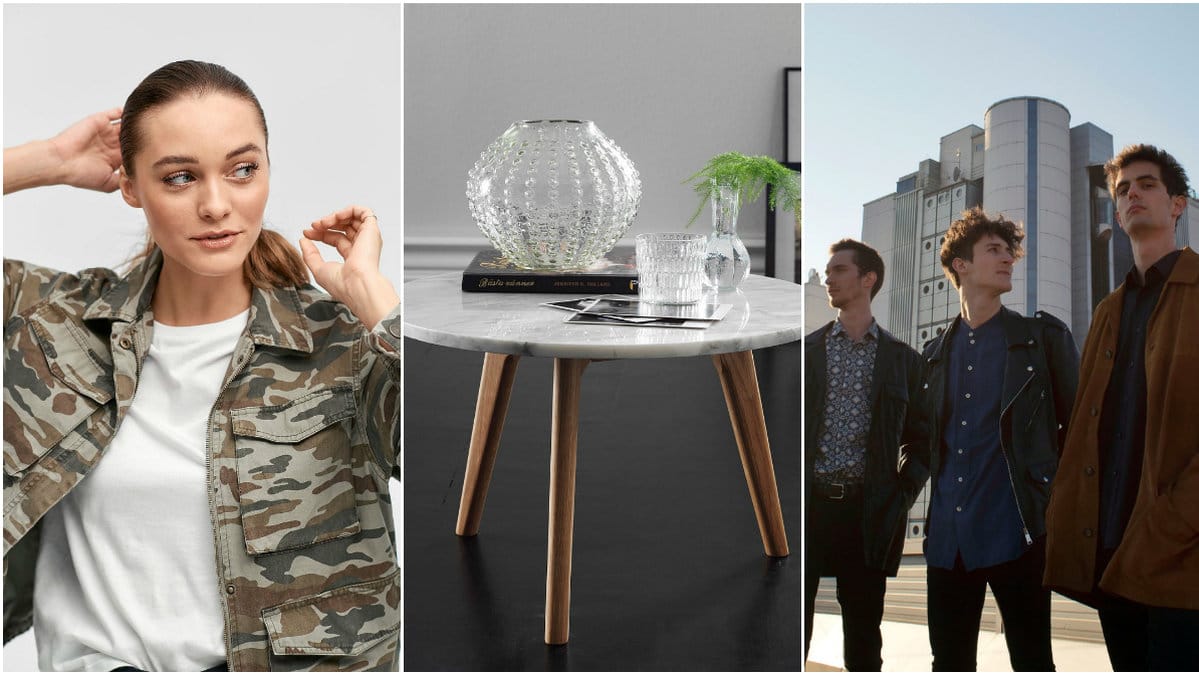 Tjej i militärjacka från Ellos, bord i marmor från Ellos, tre killar i modeoutfits.