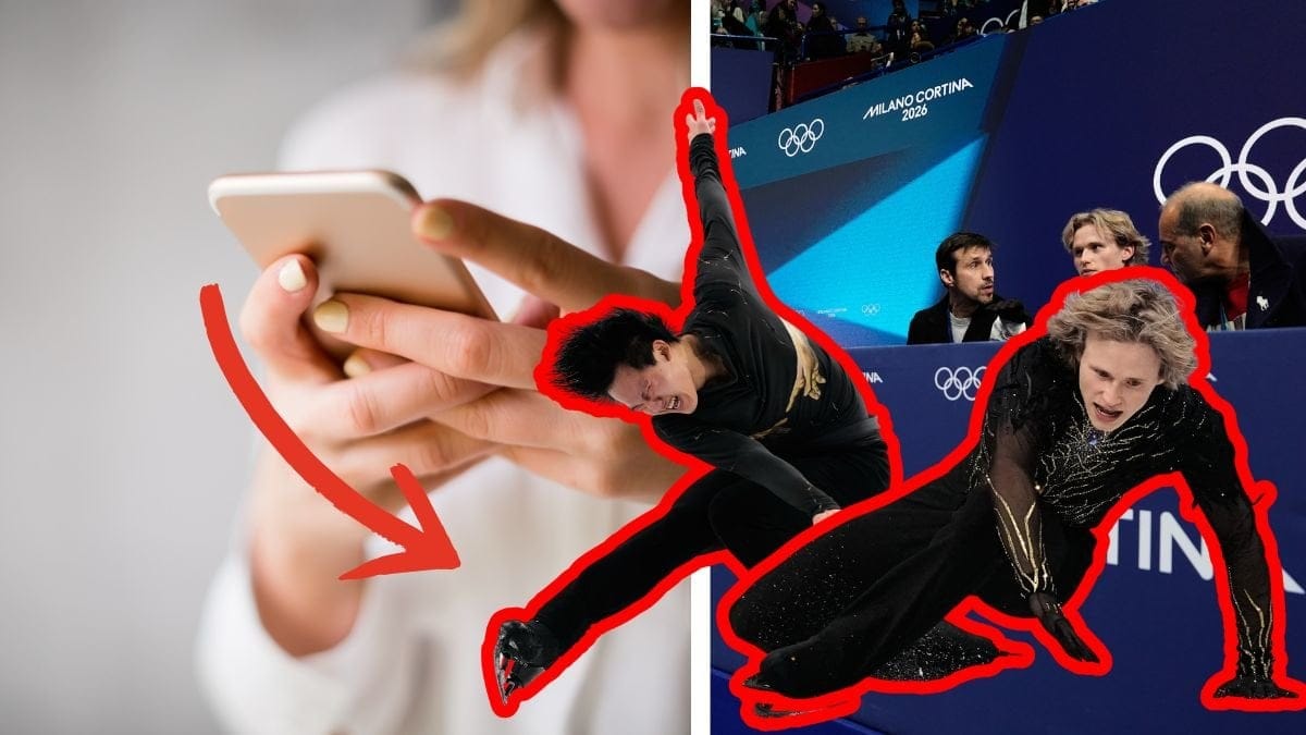 Hand håller i en mobil vänster. Bild från ett bås i Milano OS 2026. Utklippta bilder på konståkare höger.