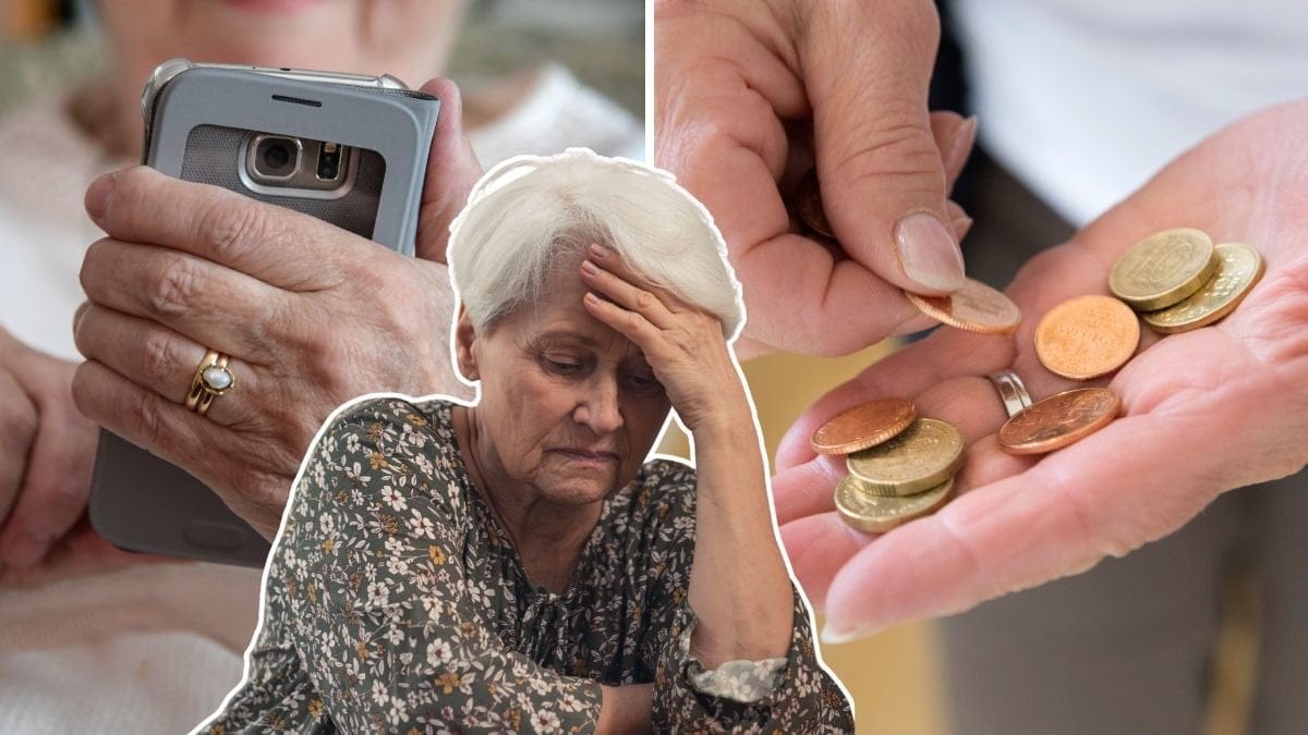 Mobil, mynt i handen och kvinna.