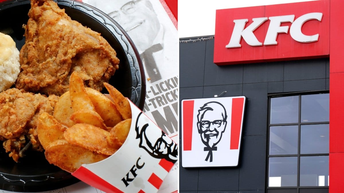 Bilder på KFC-mat och en restaurang-entré.