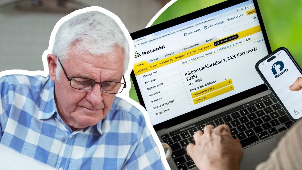 Äldre man och dator med inkomstdeklarationen 2026 på skärmen