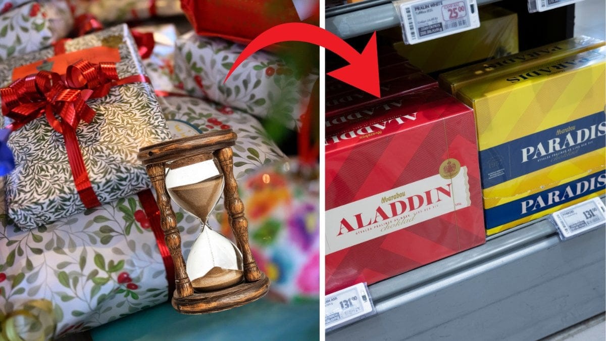 Julklappar till vänster. Aladdin och Paradisask till höger. Timglas utklippt till vänster. Röd pil pekar på chokladaskarna från julklapparna och timglaset.