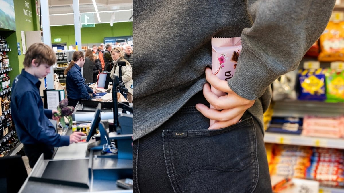 Butikspersonal i kassan och person som snor en chokladkaka