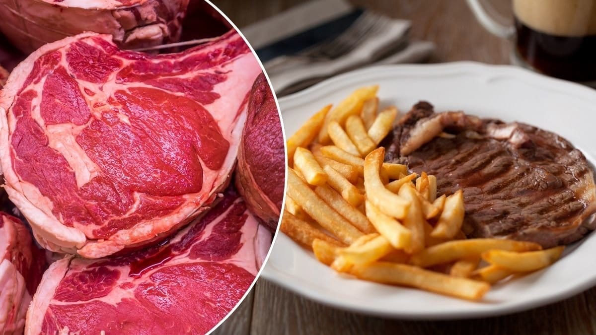Bilder på biff med pommes frites och köttbitar.