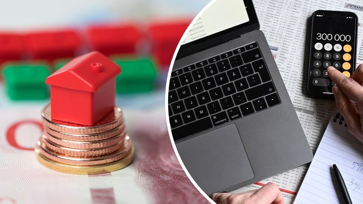 Hus och pengar till vänster. Dator och kalkyl till höger.