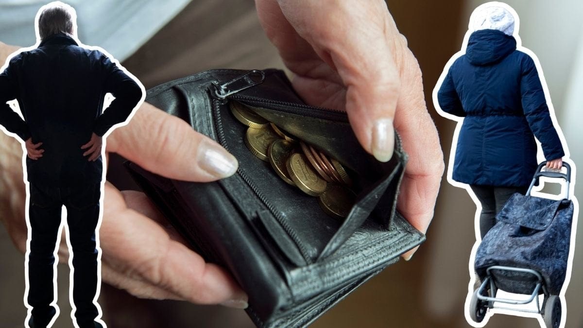 Plånbok med mynt, en man med händerna på höften och en person med dramaten-vagn.