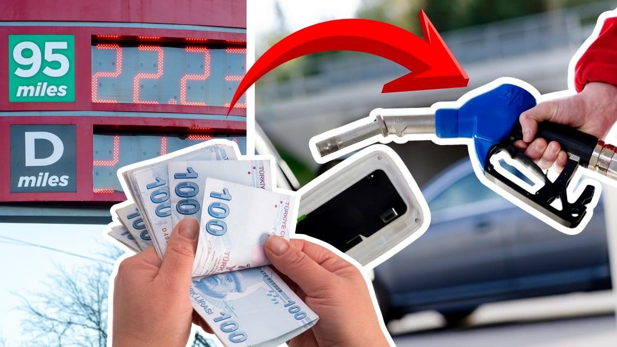 Bensinpriser-skylt vänster. Person som tankar bilen höger. Händer som bläddrar mellan hundralappar i mitten.